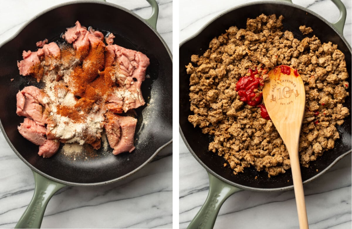 cooking ground turkey in a skillet for tacos and stirring with a wooden spoon