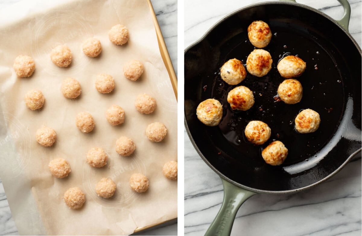 chicken meatballs on parchment paper and pan frying them in a skillet