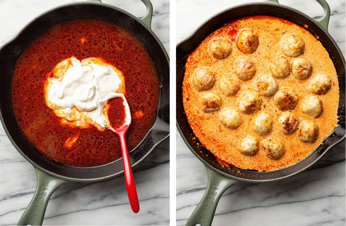 making paprika sauce in a skillet and adding in meatballs