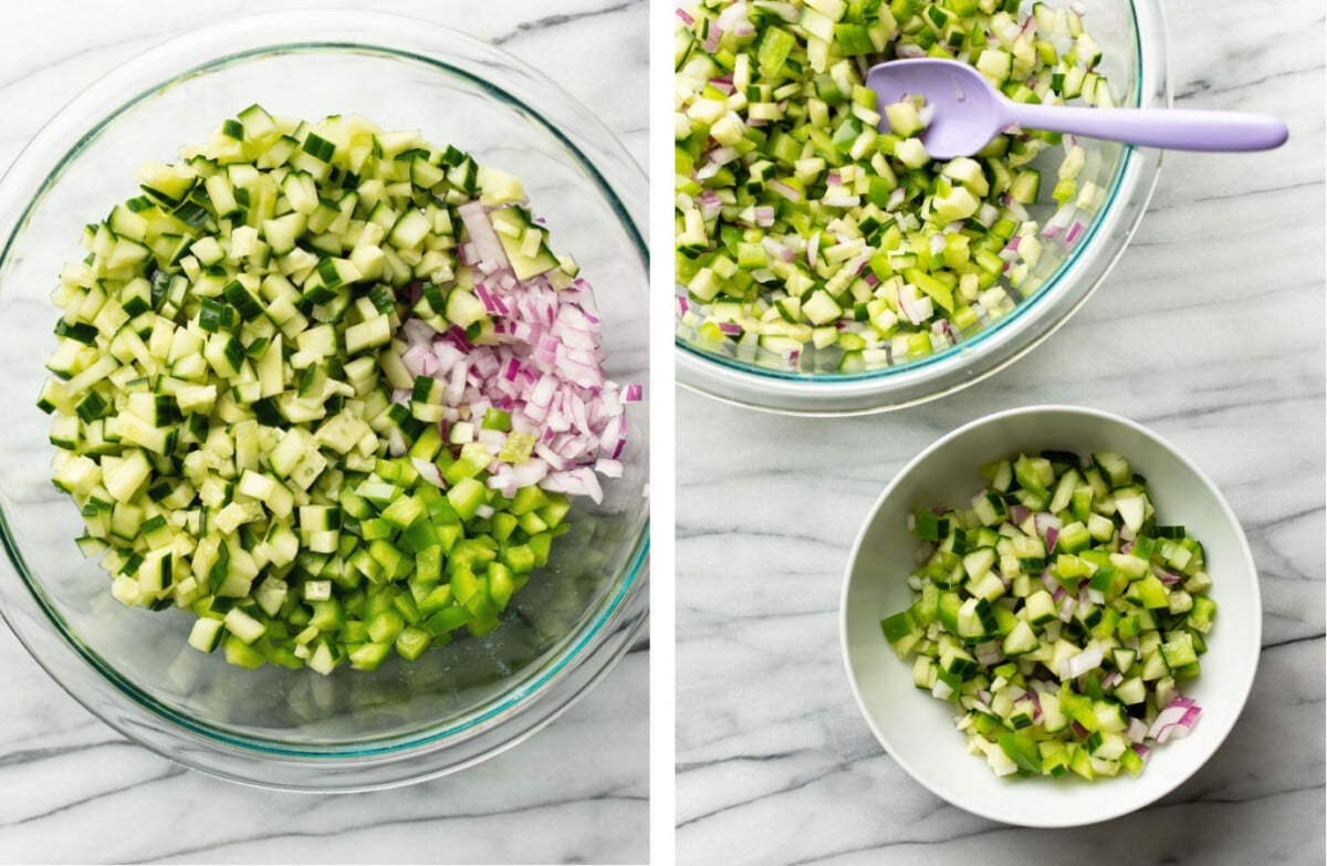 chopping up vegetables in a prep bowl for gazpacho