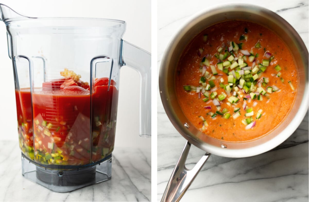 blending gazpacho in a blender and transferring to a pot