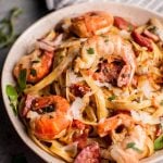 This quick and simple shrimp and chorizo pasta with mushrooms is full of flavor and won't disappoint!