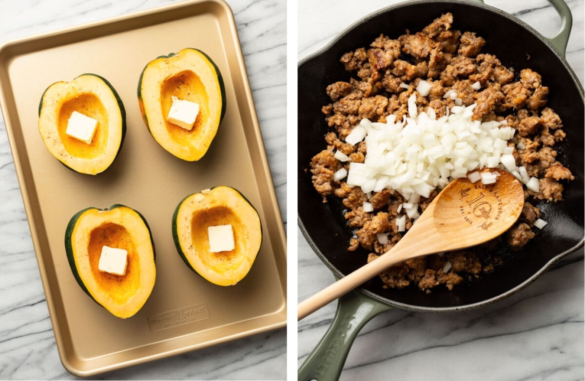 placing acorn squash on baking sheet and browning italian sausage in a skillet
