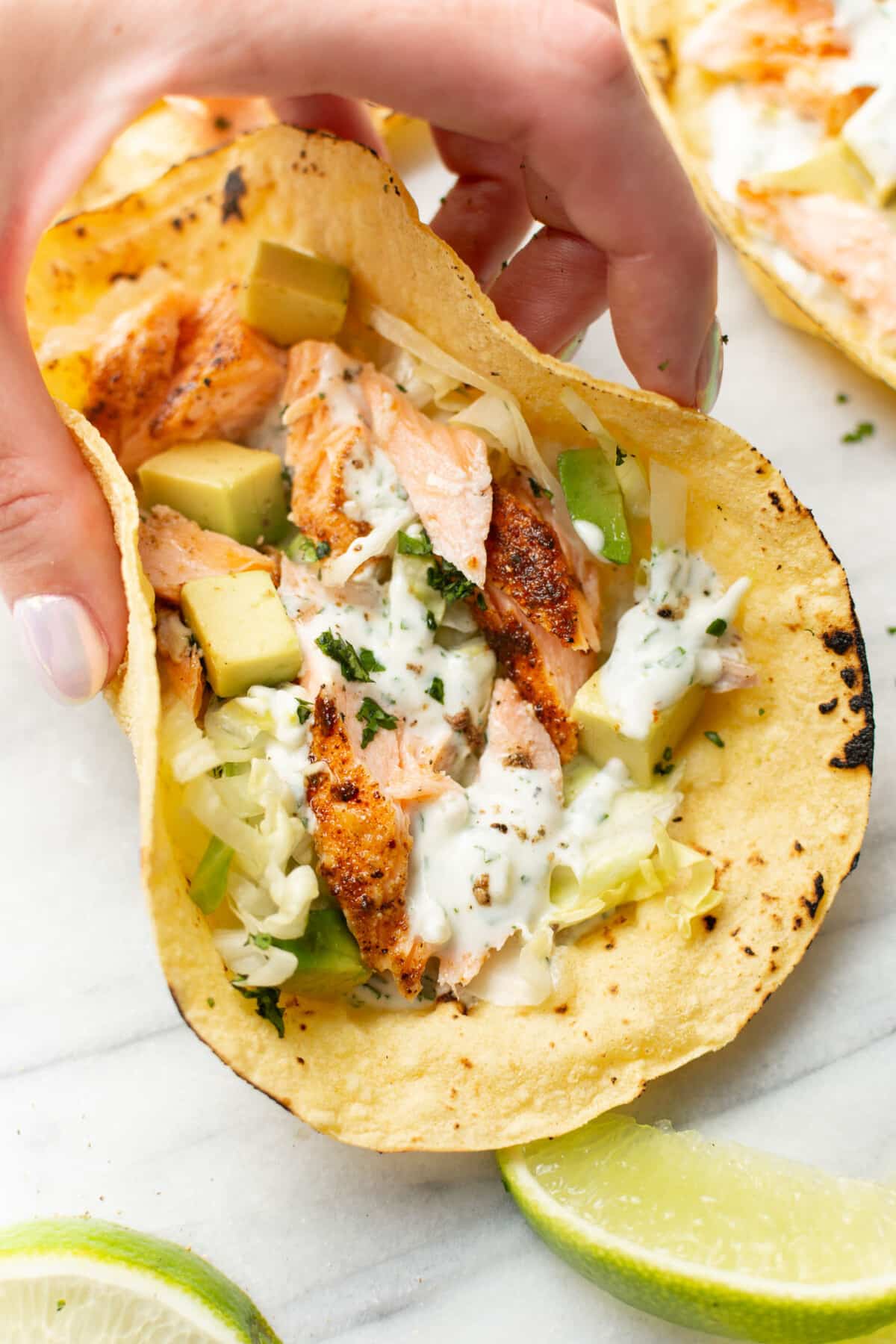 a female hand holding a baked salmon taco