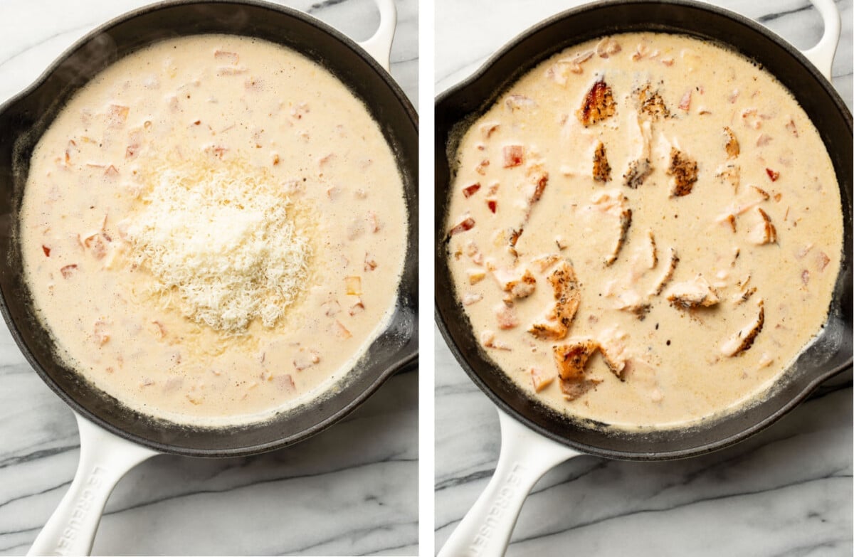 stirring in parmesan to a skillet with fresh tomato sauce and adding salmon