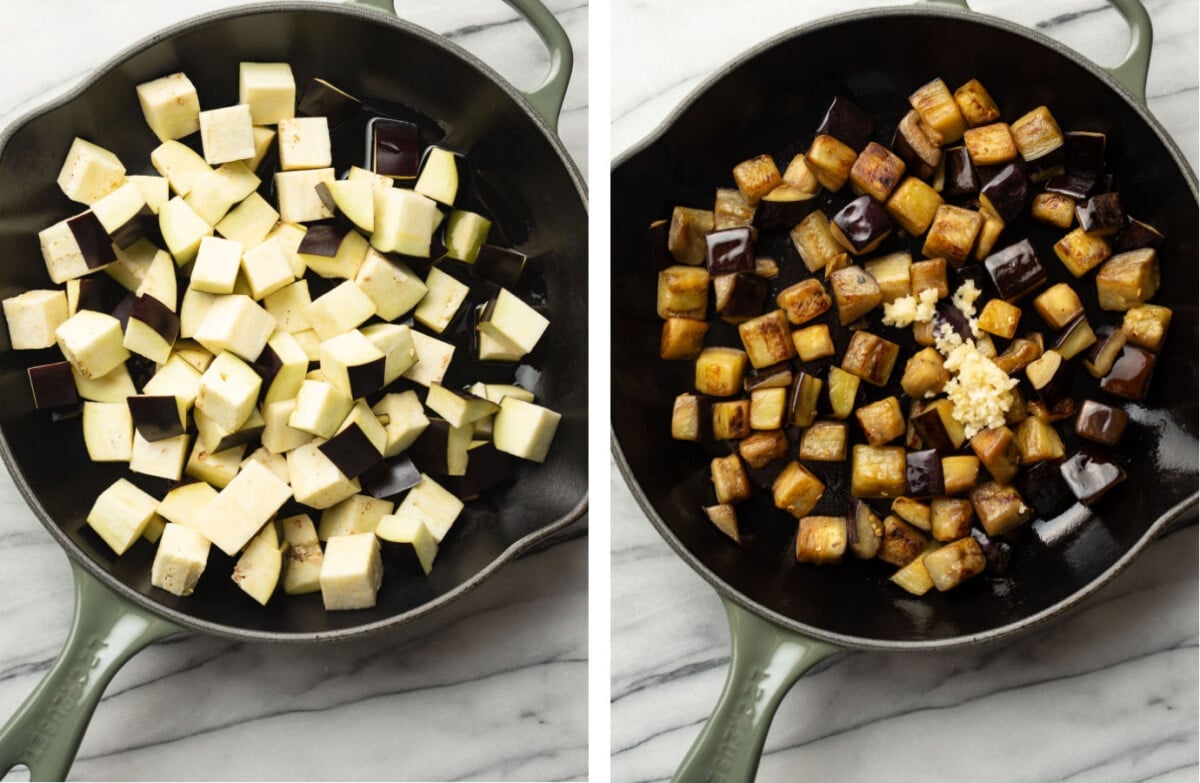 sauteing eggplant in a skillet and adding garlic