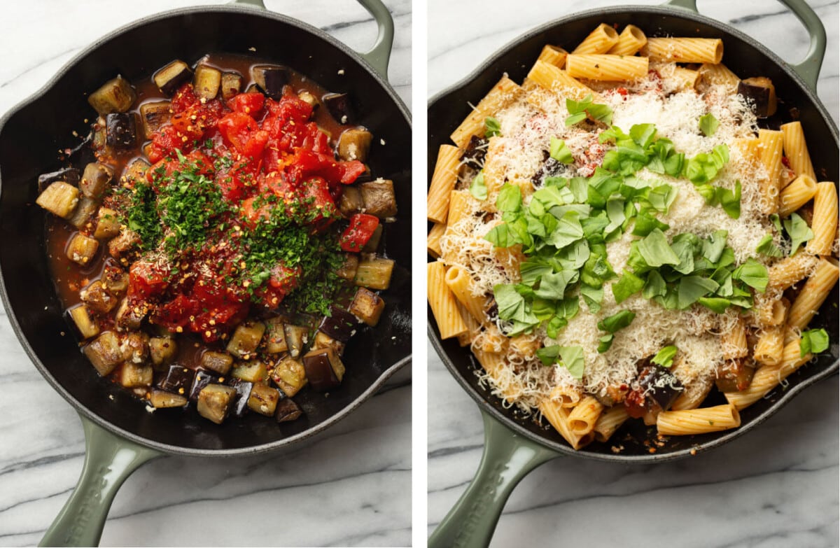 making spicy eggplant sauce in a skillet and tossing with rigatoni
