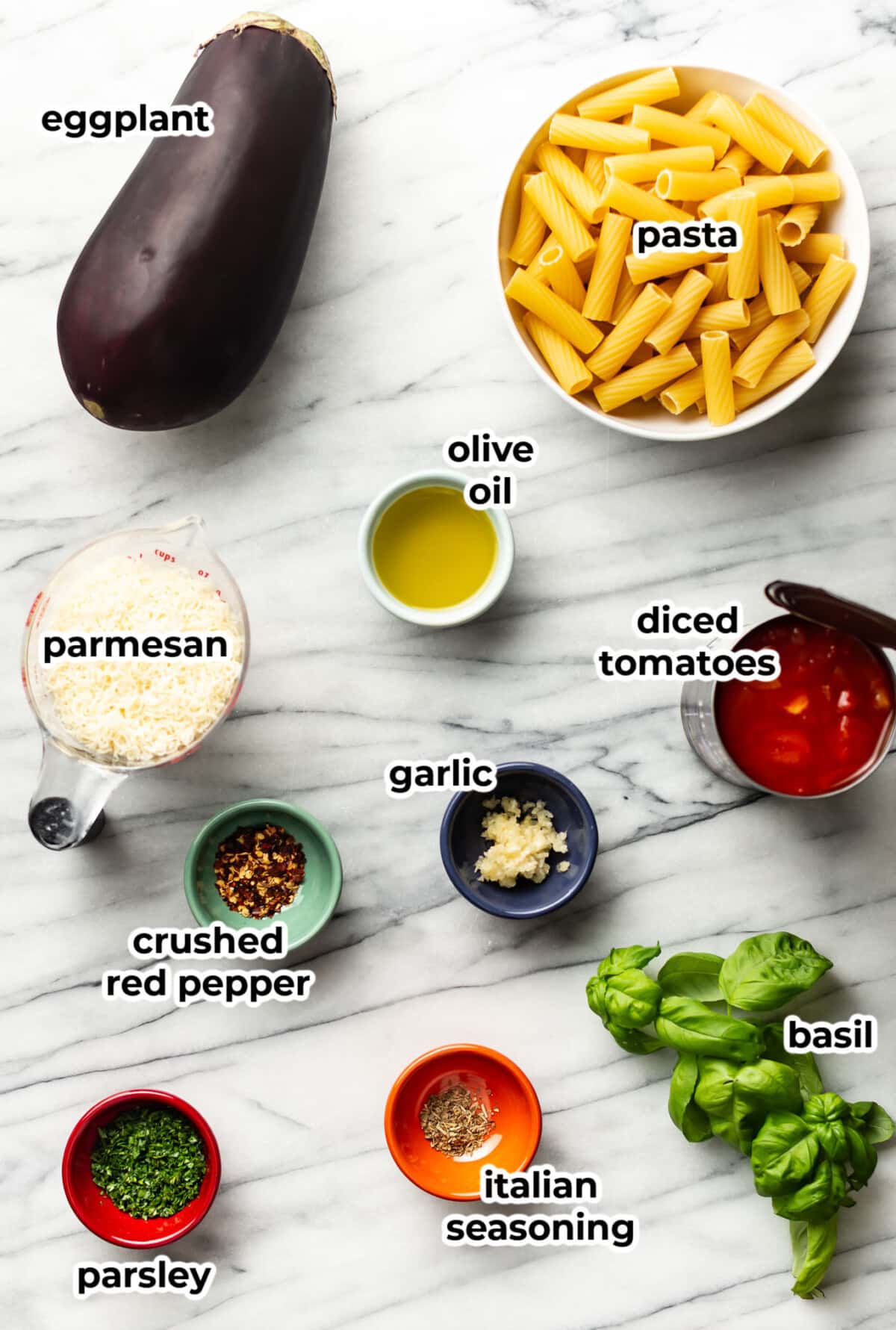 ingredients for pasta alla norma in prep bowls