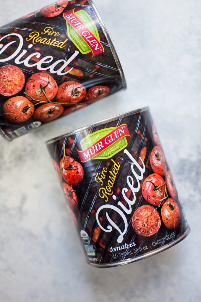 cans of Muir Glen fire roasted diced tomatoes