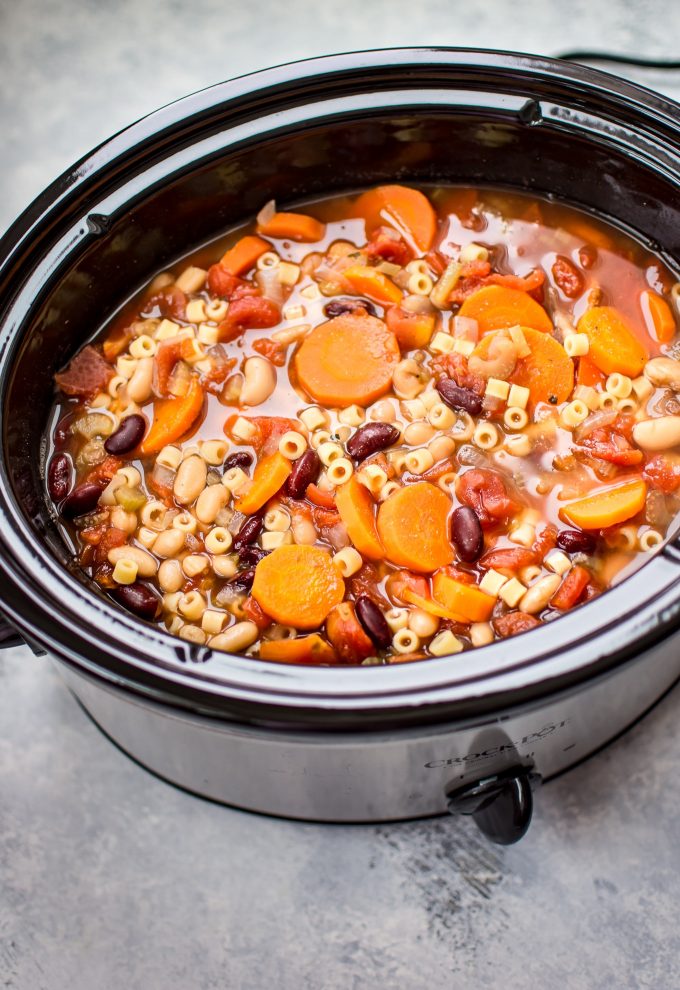 vegetarian pasta e fagioli soup in a Crockpot