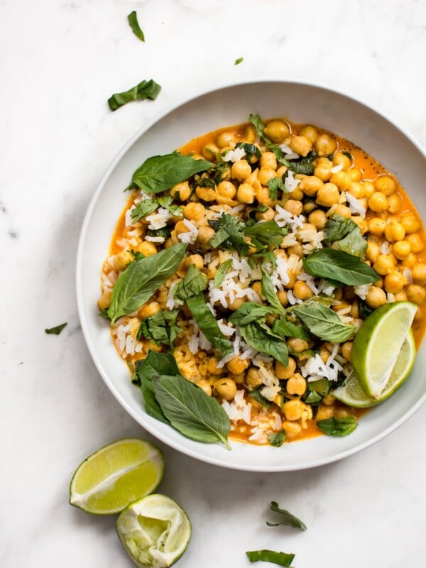 This quick and easy vegan chickpea coconut curry is ready in less than 15 minutes! It's fresh, healthy, and delicious. Great served over rice!
