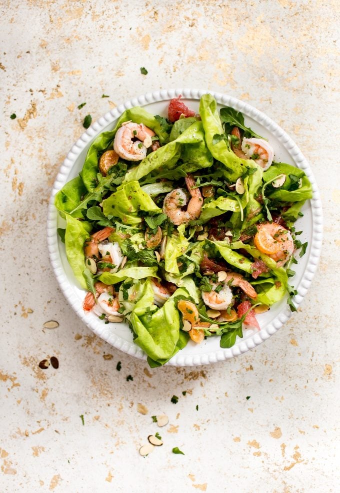 plate of healthy citrus shrimp salad