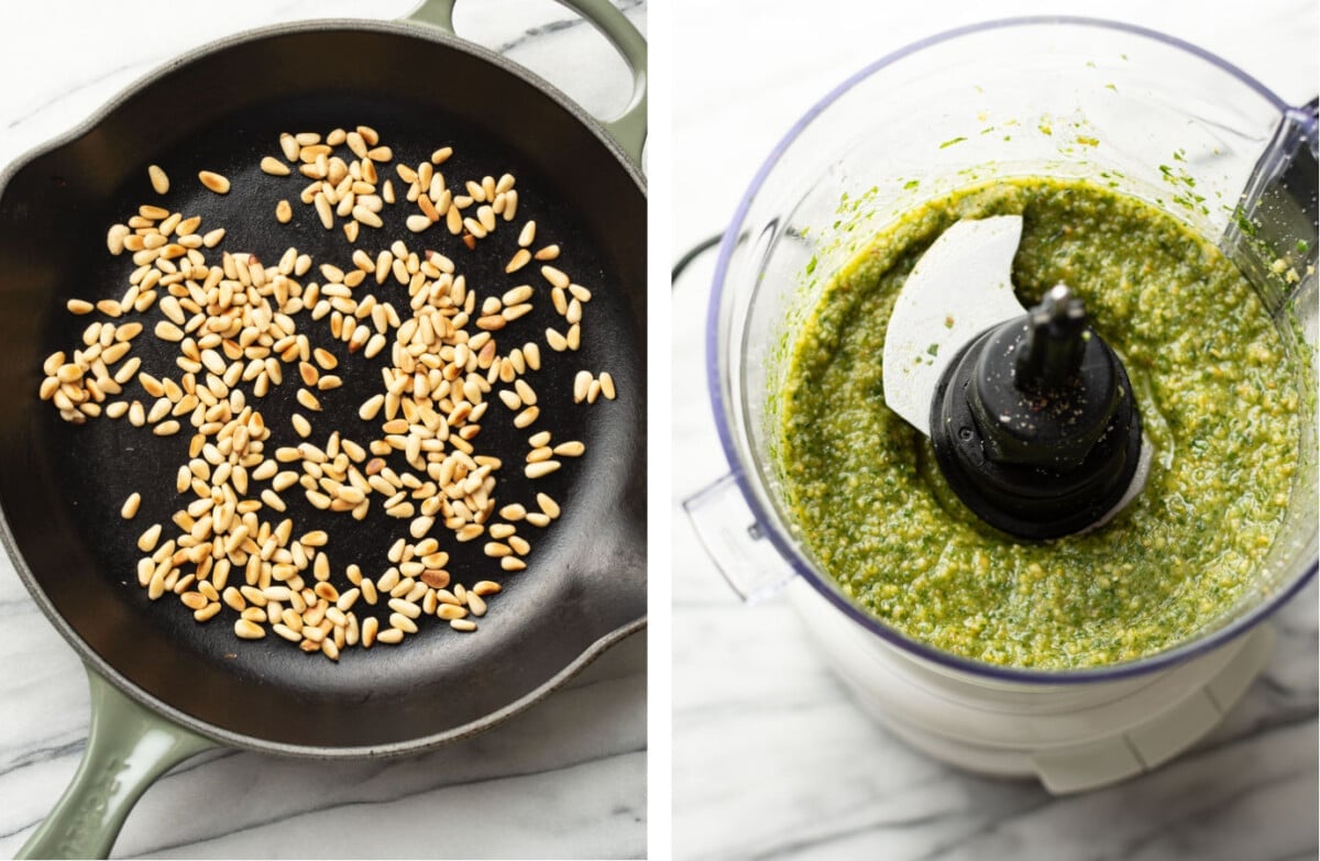 toasting pine nuts in a skillet and making pesto in a food processor