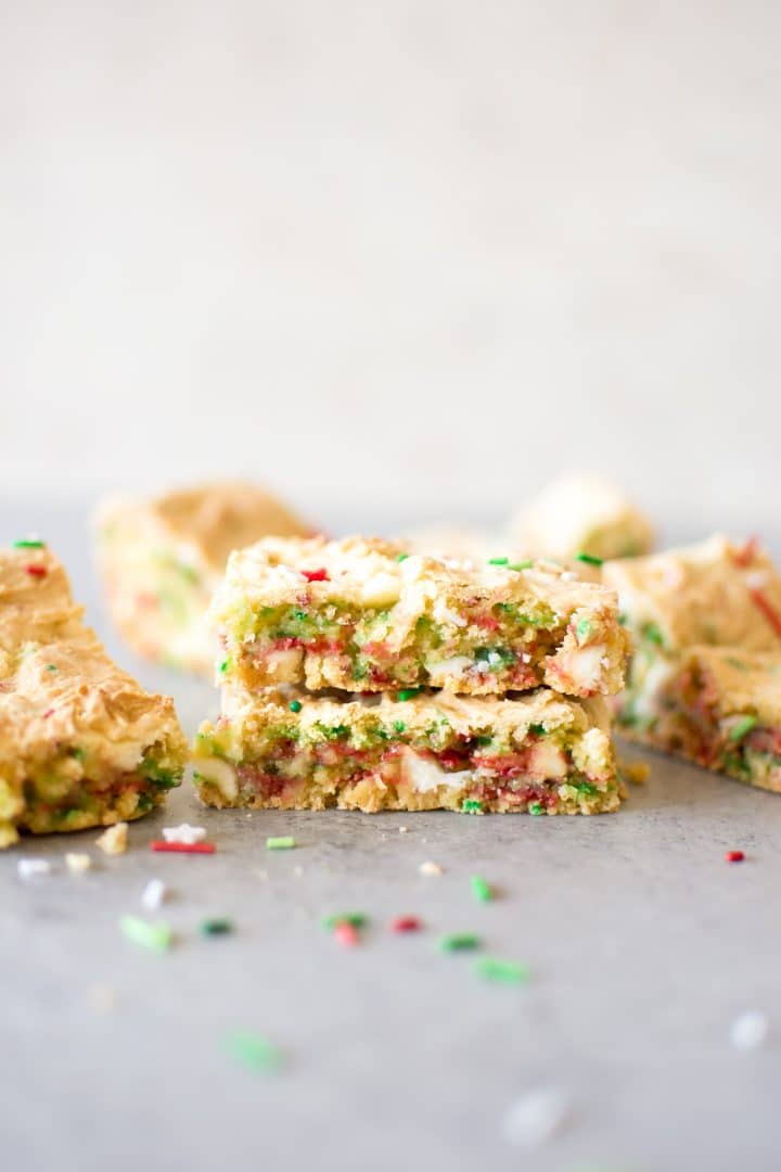 two easy festive cake batter blondies stacked