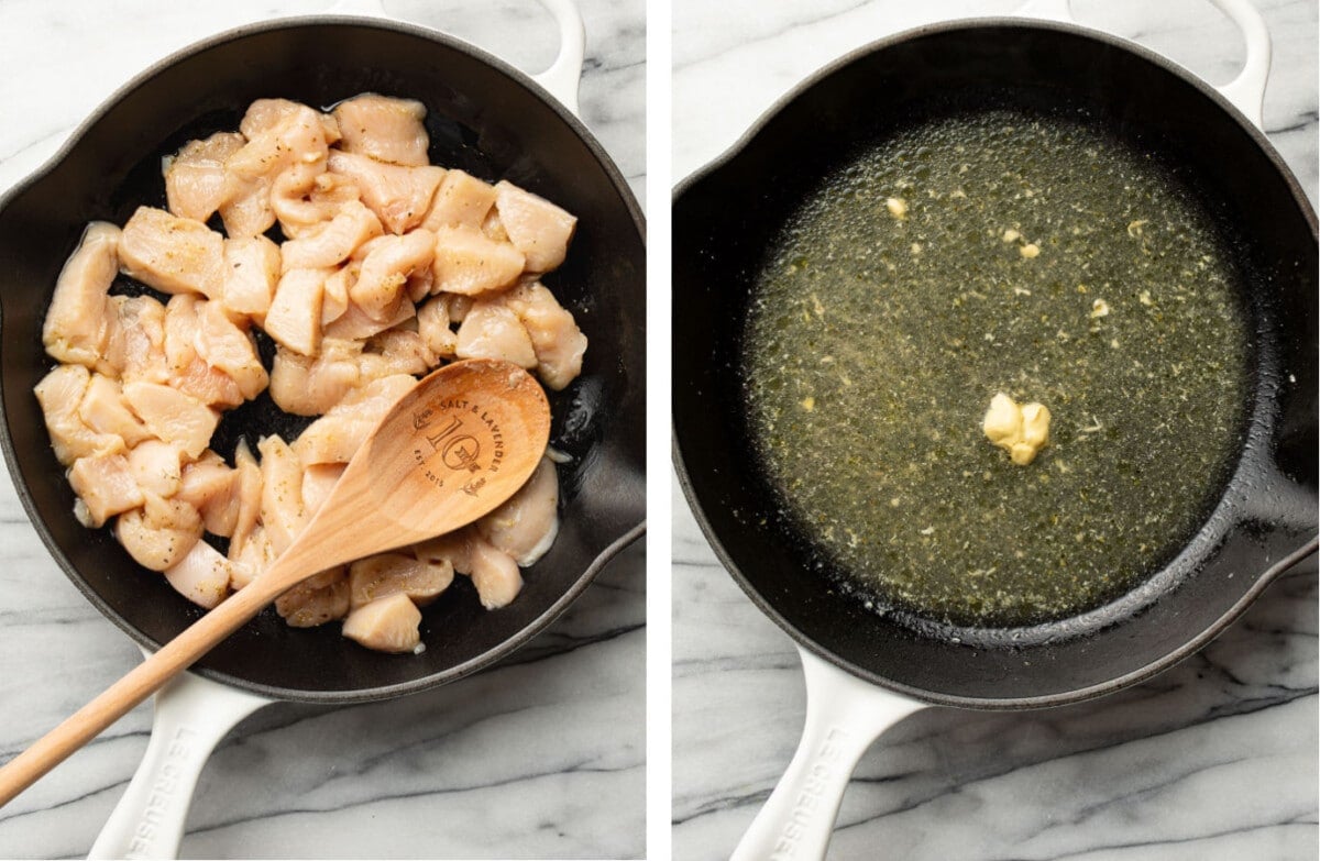 cooking chicken in a skillet and starting sauce for pasta