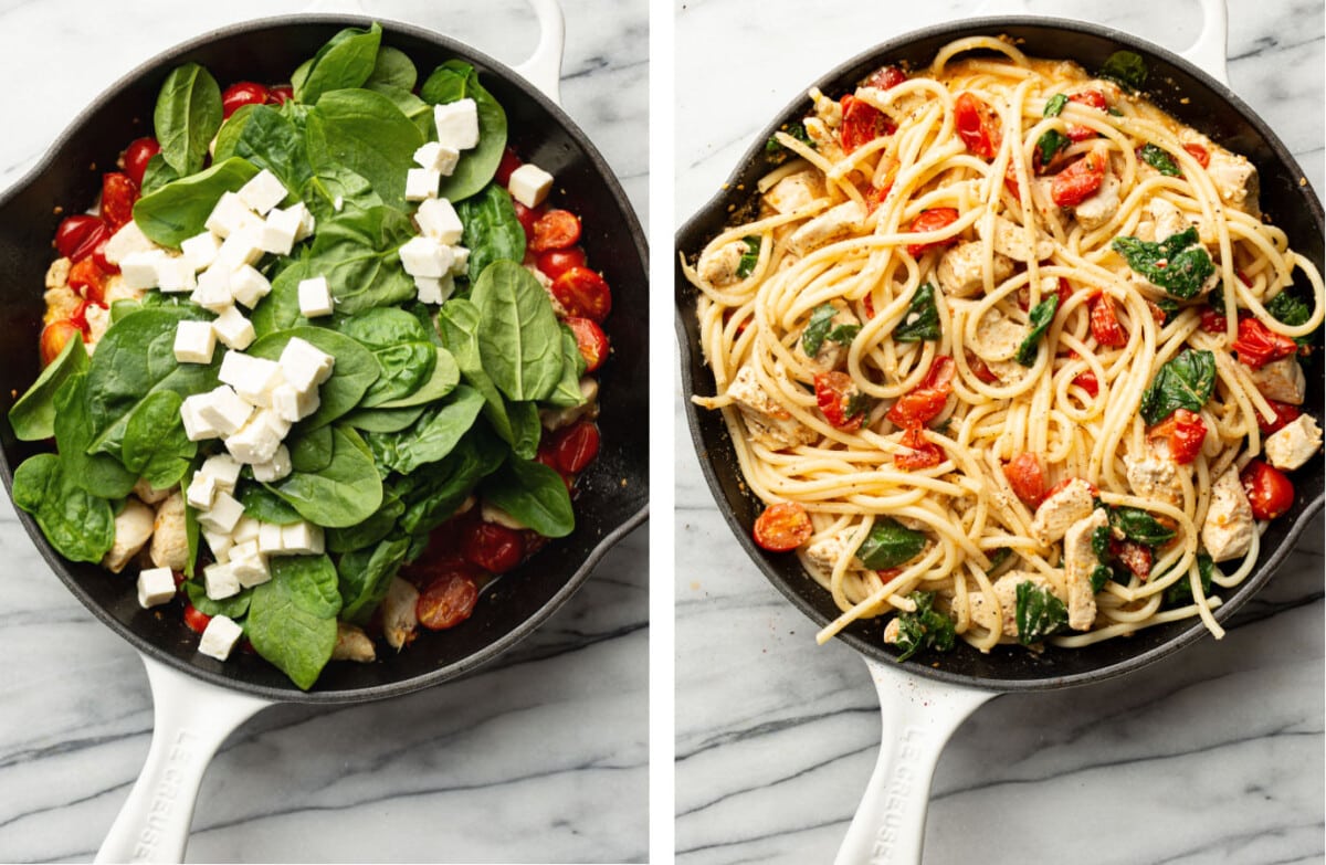 tossing spinach and feta sauce with pasta in a skillet
