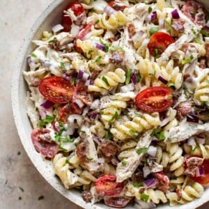 This simple chicken bacon ranch pasta salad is a delicious cold pasta recipe that's great for serving at picnics, BBQs, or potlucks. Makes a great side dish or main course.