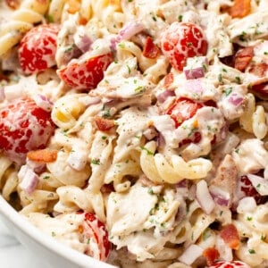 a bowl of chicken ranch pasta salad