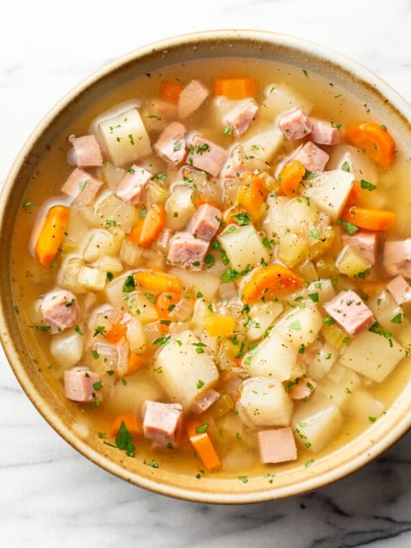 a bowl of crockpot ham and potato soup