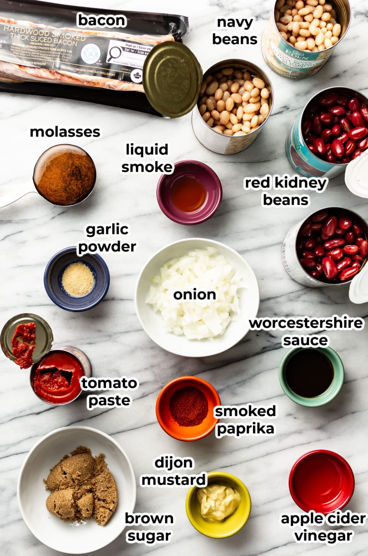 ingredients for baked beans in prep bowls