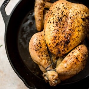 Delicious, tender, and juicy cast iron chicken - this recipe is a quick way to roast a small chicken. The chicken is perfectly seasoned and the crispy chicken skin is absolutely heavenly.