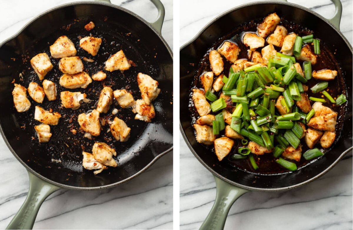 cooking mongolian chicken in batches in a skillet and adding scallions