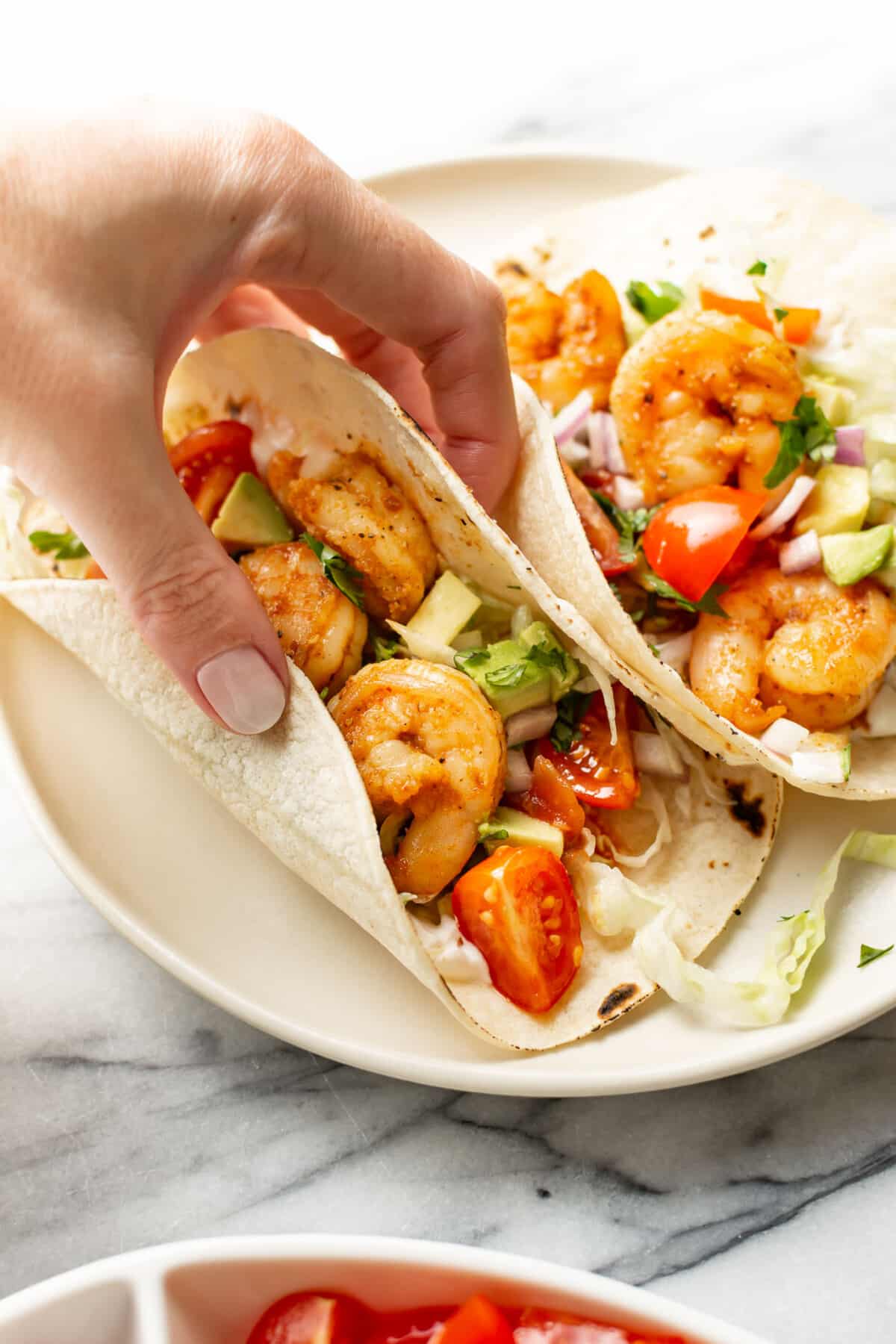 a female hand holding a shrimp taco