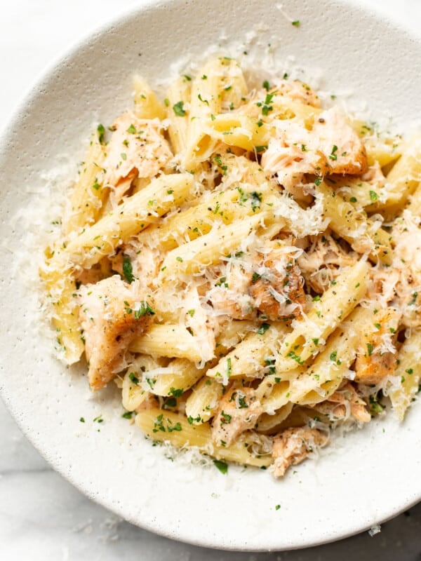 a bowl of garlic butter salmon pasta