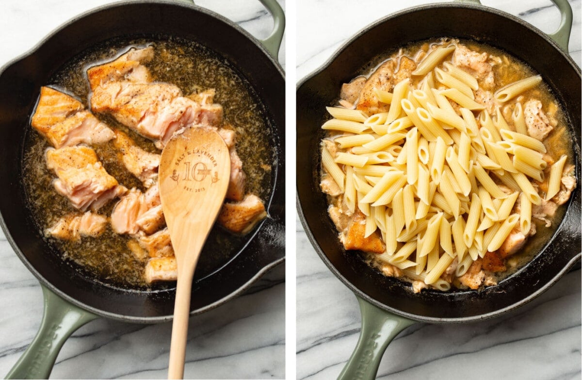 adding salmon to a skillet with garlic butter sauce and tossing with penne pasta