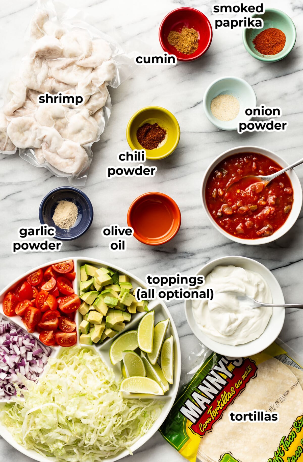 ingredients for easy shrimp tacos in prep bowls