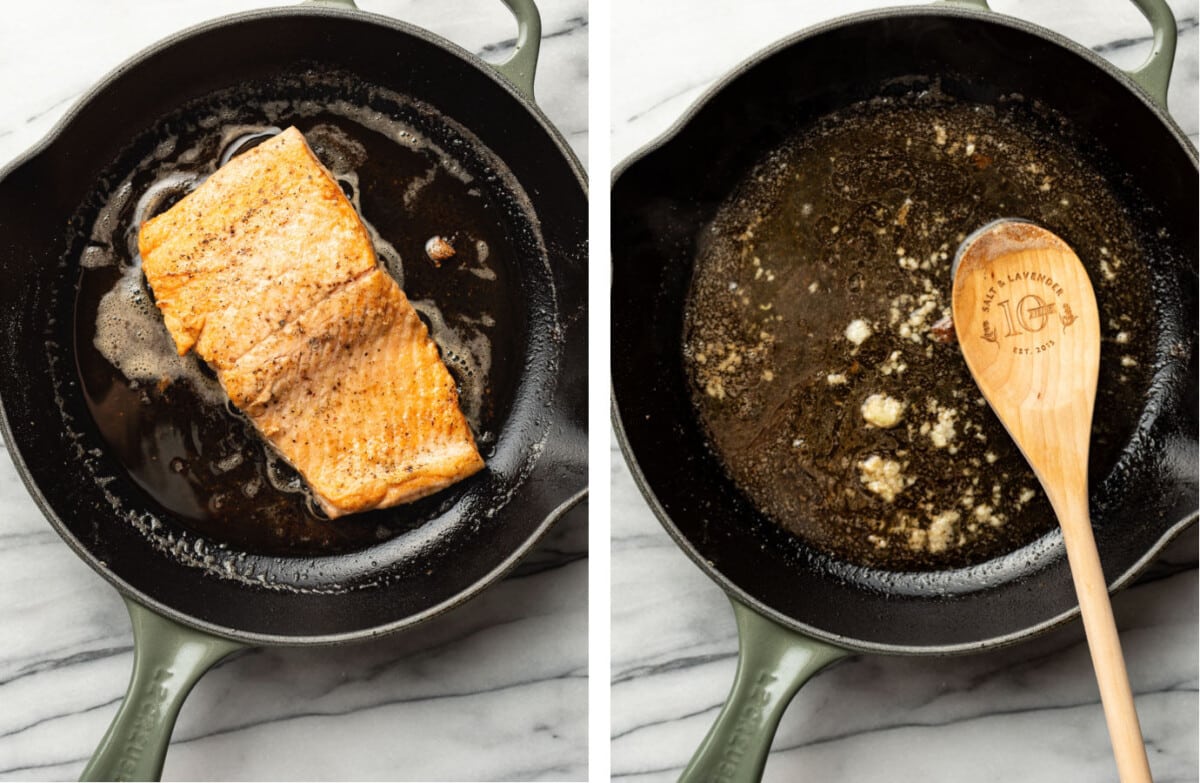 pan searing salmon in a skillet and making lemon dill sauce