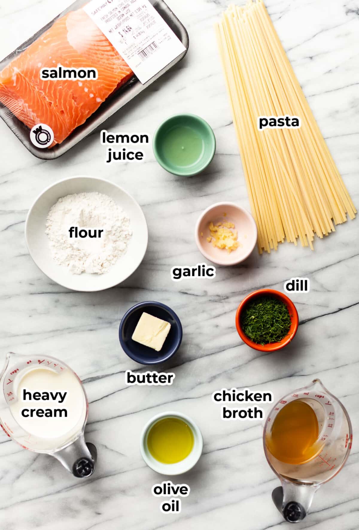 ingredients for lemon dill salmon pasta in prep bowls