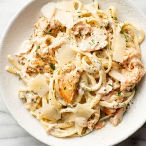 a bowl of lemon dill salmon pasta