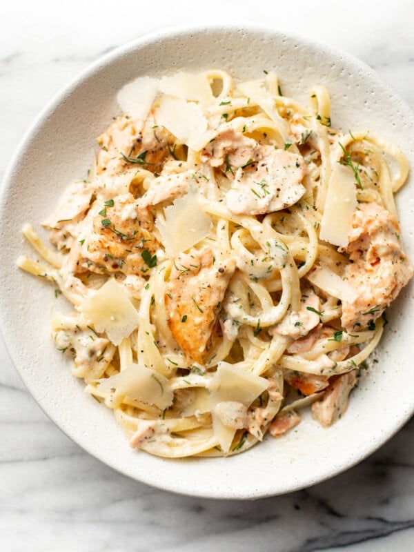 a bowl of lemon dill salmon pasta