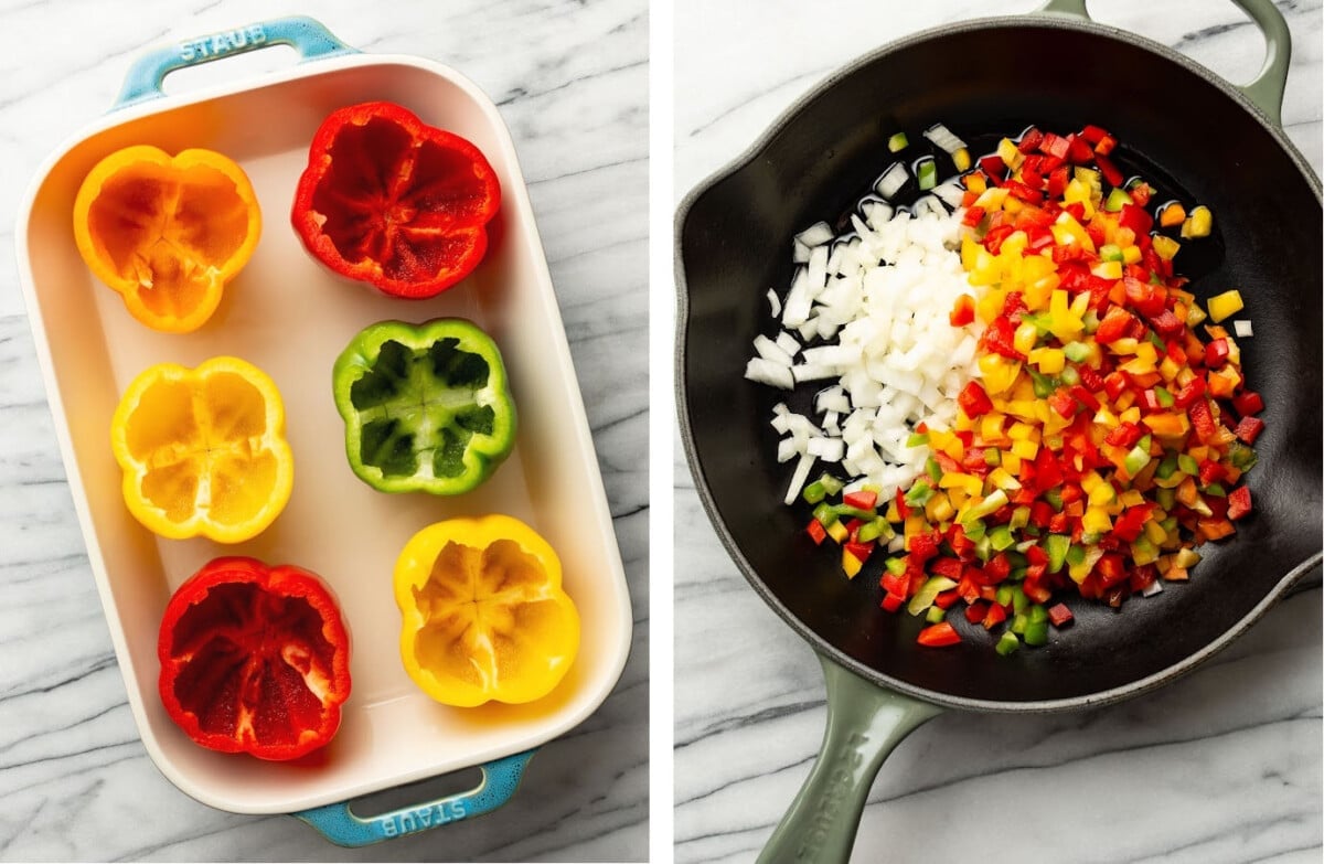 placing bell peppers in a baking dish and cooking onions in a skillet