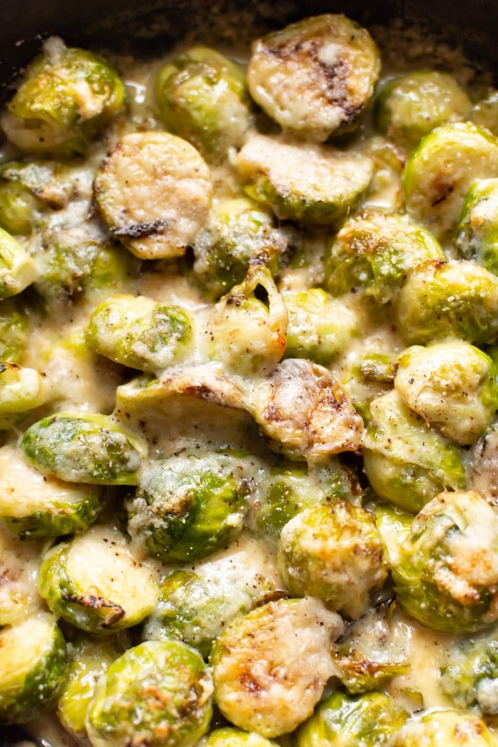 close-up of cheesy Brussels sprouts gratin