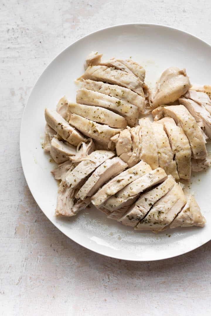 sliced chicken breasts on a plate