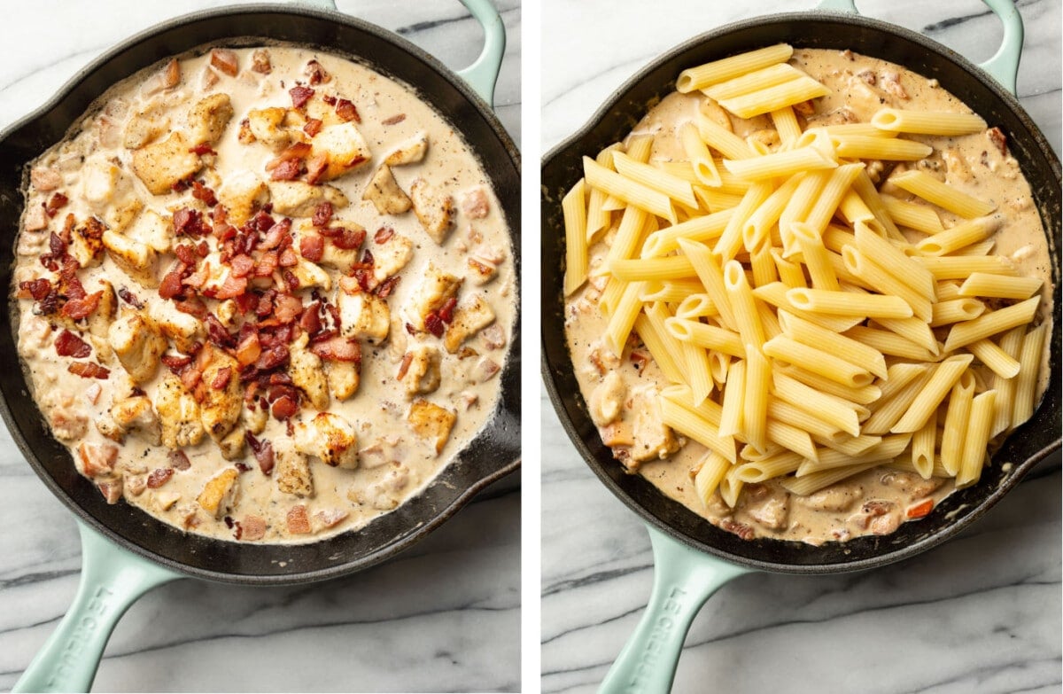 tossing penne pasta in a skillet with creamy bacon chicken