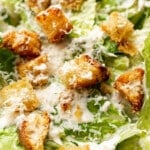 closeup of croutons on a caesar salad