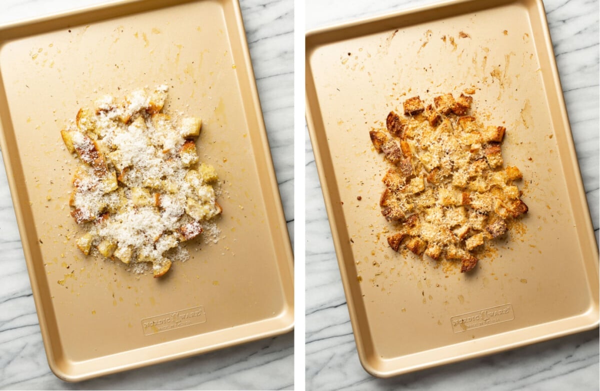 homemade croutons on a baking sheet before and after baking