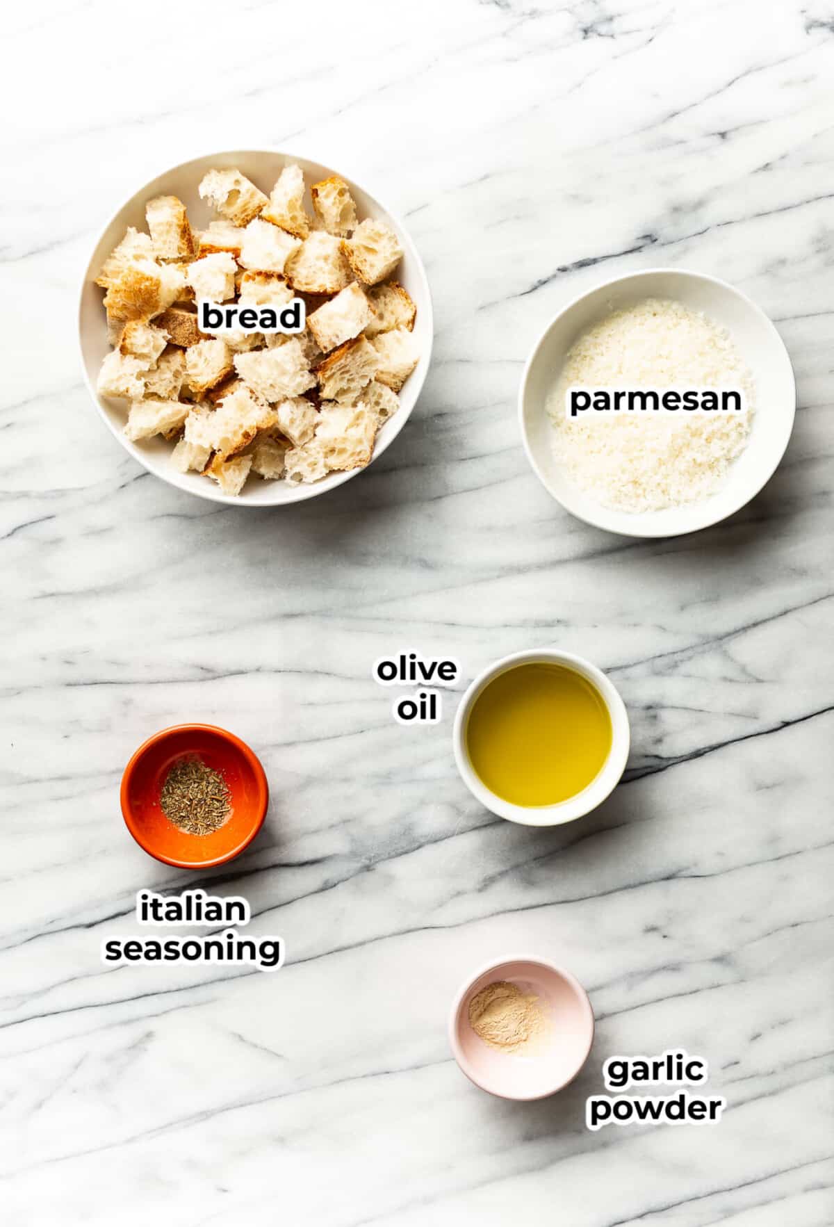 ingredients for homemade croutons in prep bowls