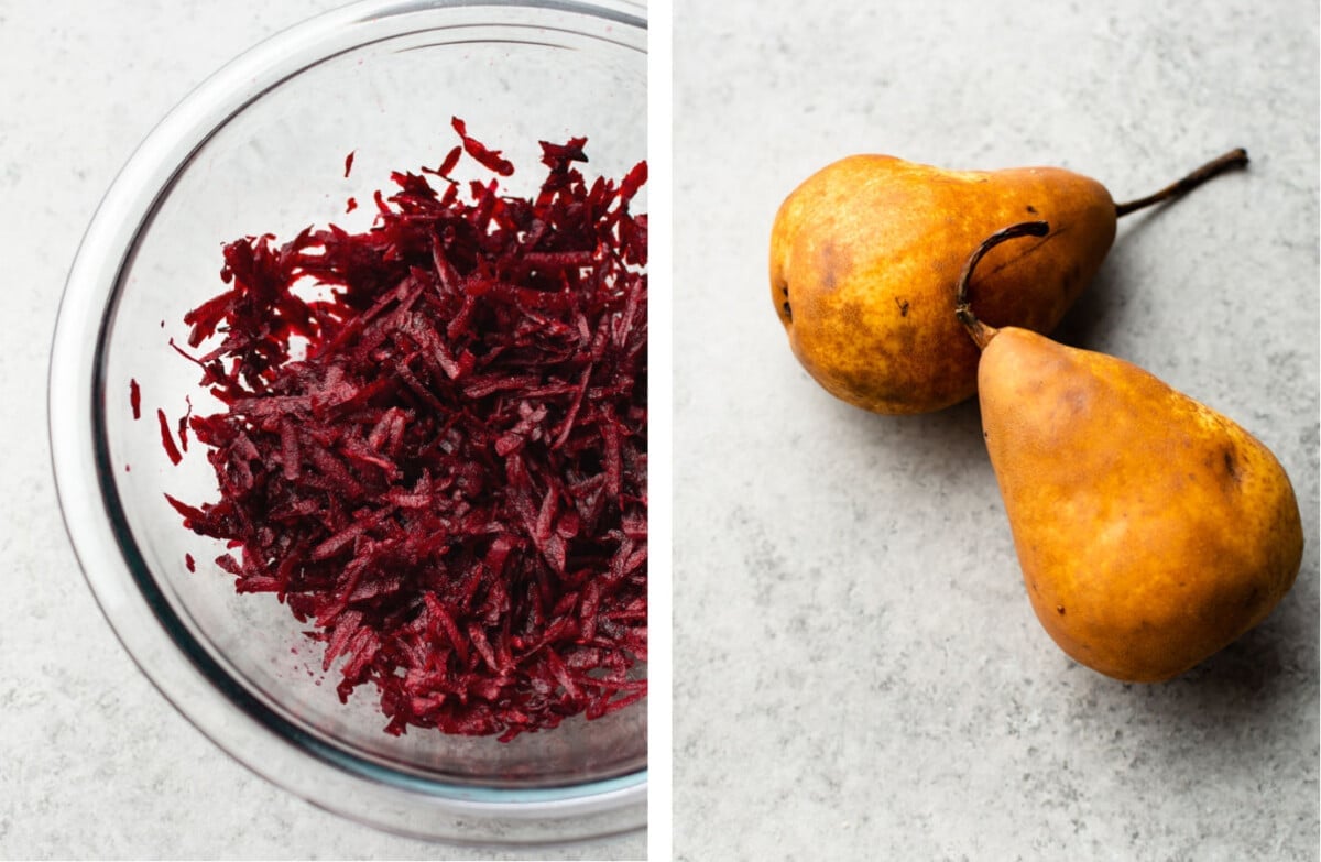 spiralizing raw beets in a prep bowl next to a photo of golden pears for salad