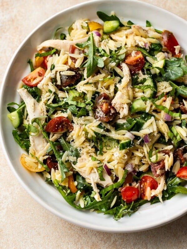lemon orzo salad in a white bowl