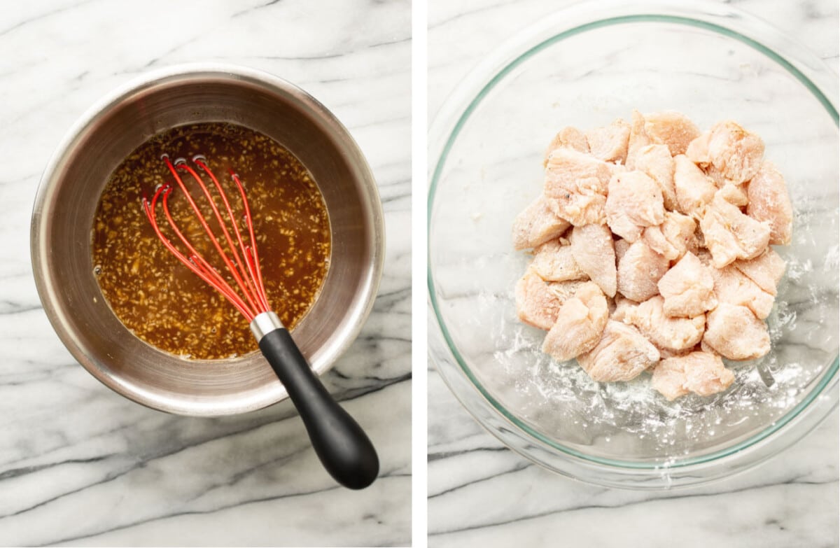 whisking sauce in a bowl and coating chicken pieces in cornstarch for stir frying