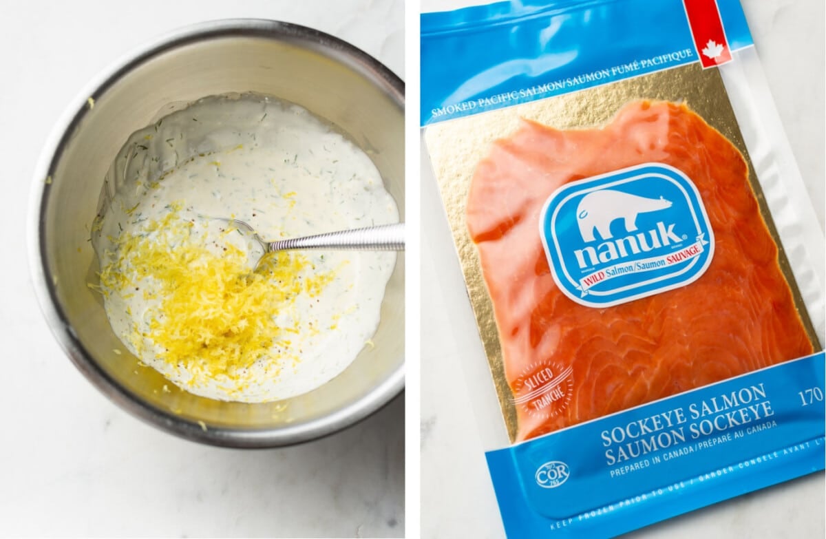 making creamy dill dressing in a prep bowl next to a package of smoked salmon