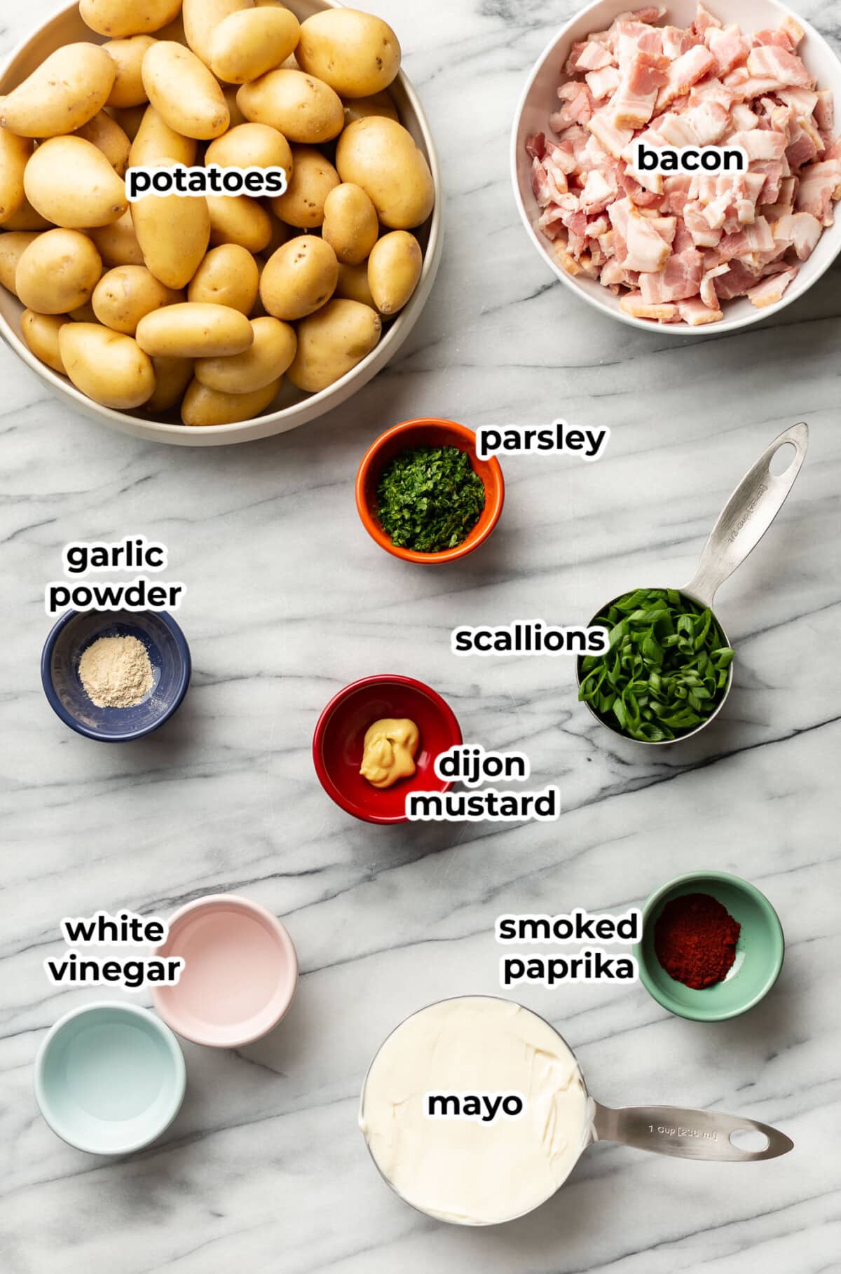 ingredients for bacon potato salad in prep bowls