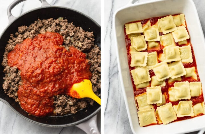 cooking ground beef in a skillet and adding marinara sauce and ravioli to a baking dish