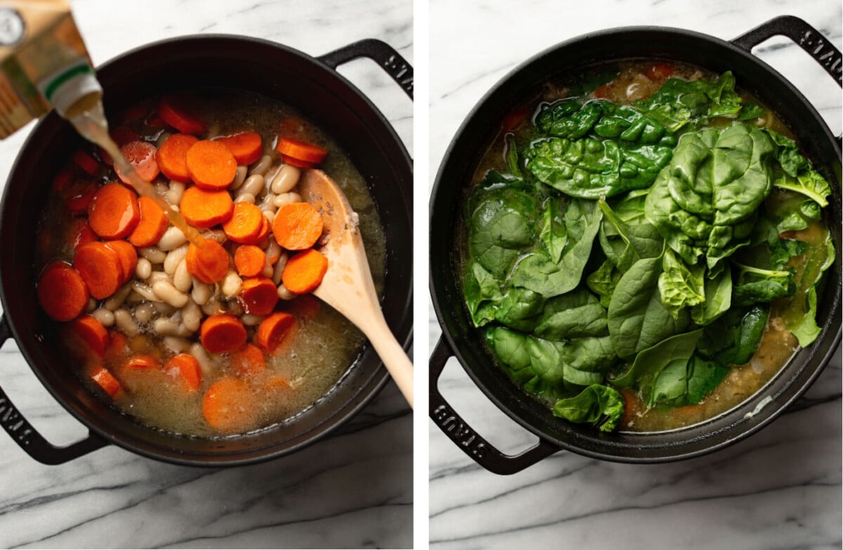 adding carrots, broth, pasta, and spinach to a pot of ground turkey soup