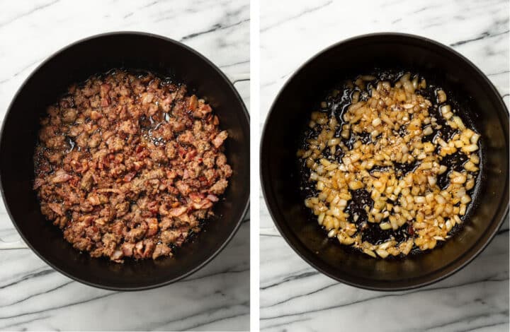 sauteing sausage and bacon and onions in a soup pot