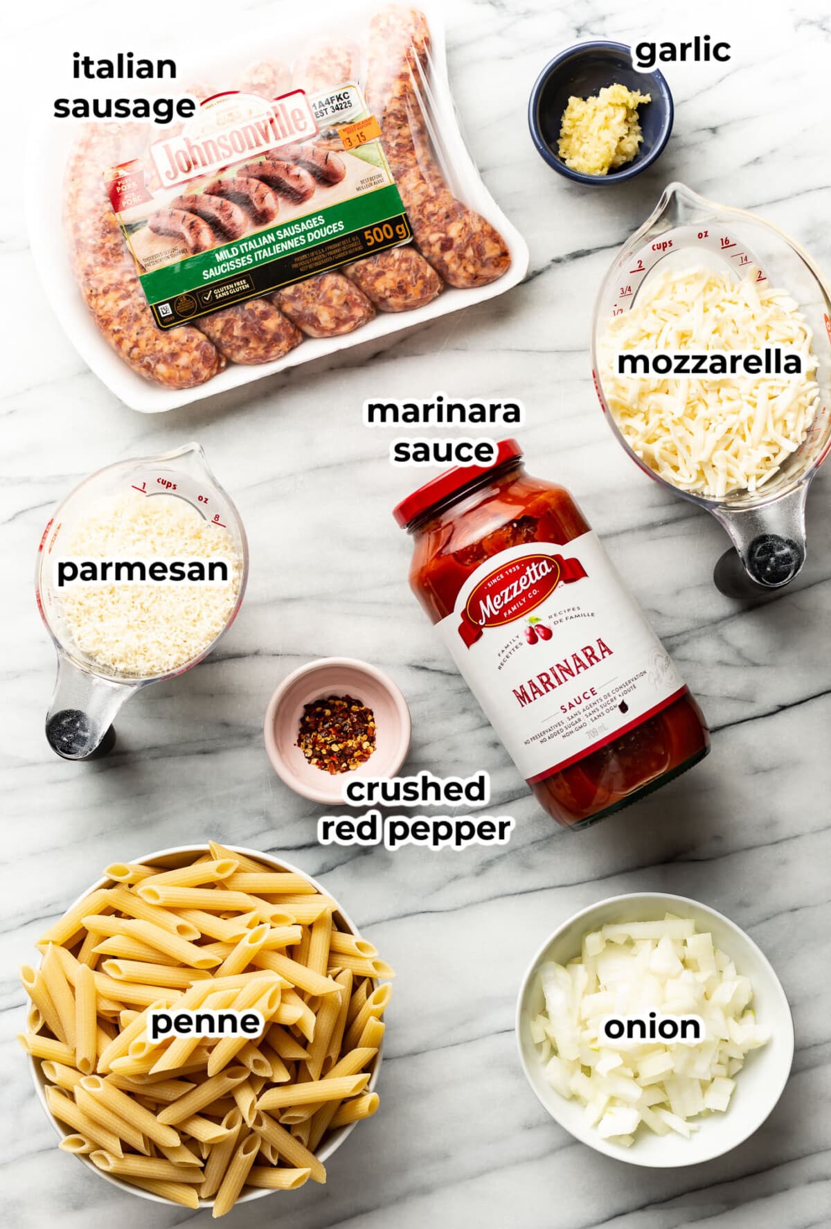 ingredients for baked penne in prep bowls